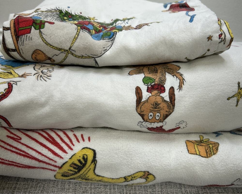 Pottery Barn Kids Dr Suess The Grinch TWIN Sheet Set Flannel Christmas Holiday